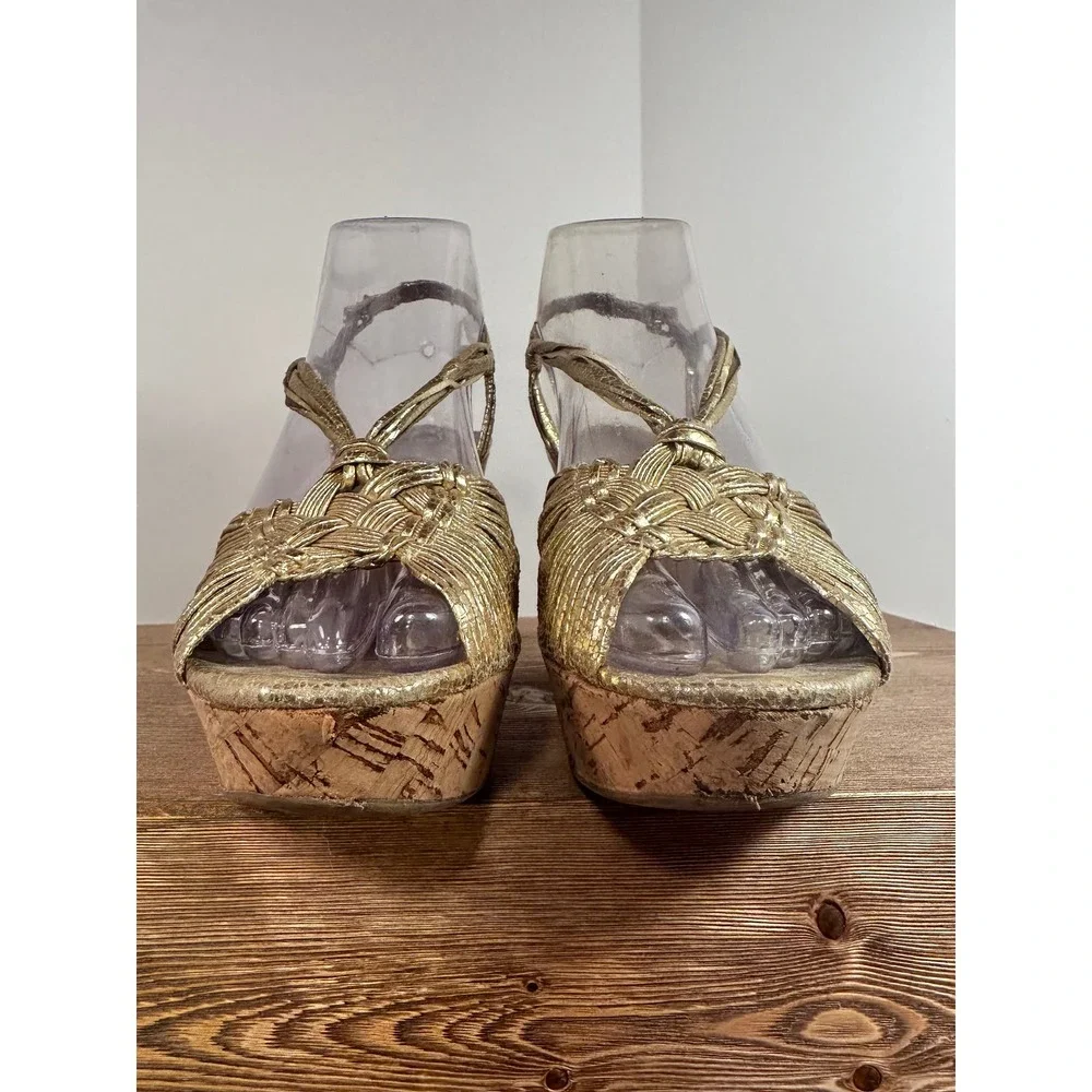 Franco Sarto Artists Collection Gold Cork Platform Wedges Womens 6.5 Y2K McBling